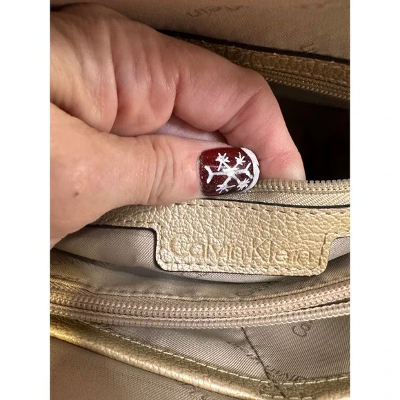 Calvin Klein Gold Metallic Pebbled Leather Satchel Crossbody Bag Convertible - Picture 8 of 16